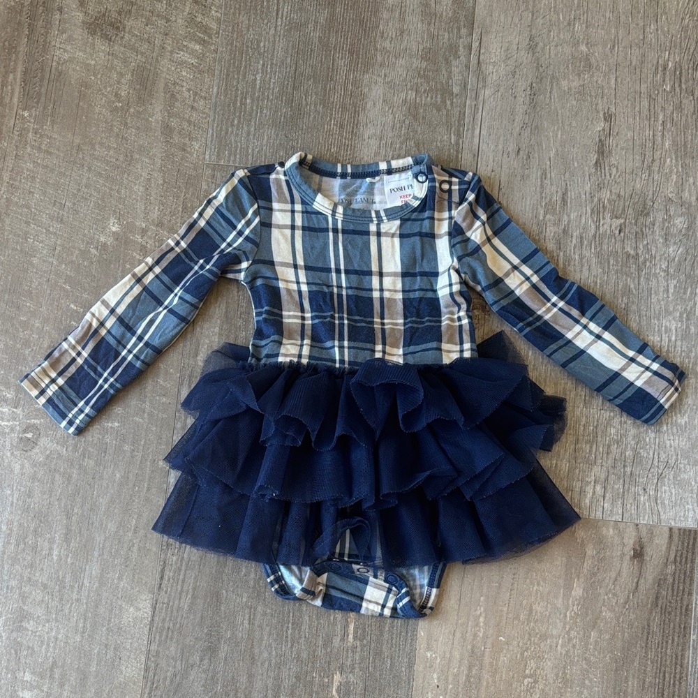 Posh Peanut Blue and Cream Plaid Baby Dress